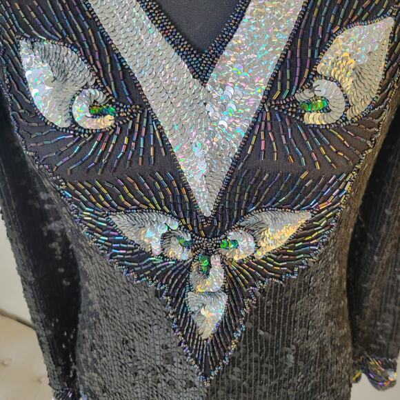 VTG Hina Trading Co. Silk Sequin Beaded Irredescent Long Sleeve Formal Blouse✨️M - Picture 11 of 16